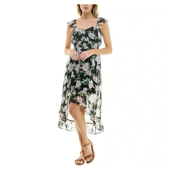 No Boundaries Dresses & Skirts - NWOT No Boundaries Juniors Hi Low Black Pink Floral Sheer Ruffle Dress Size L